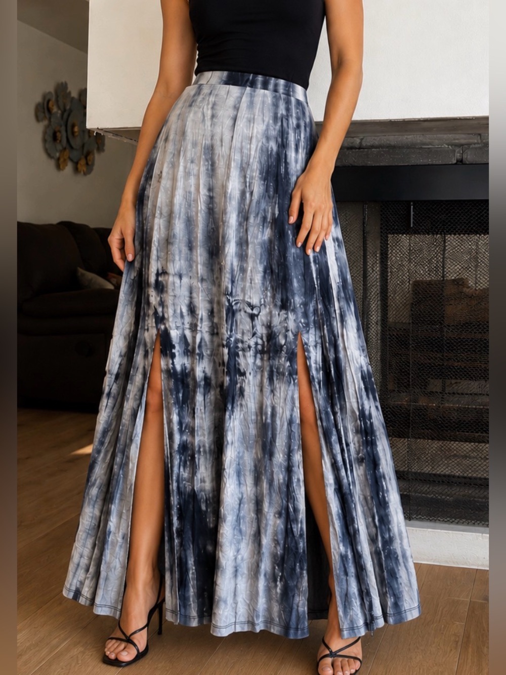 Forever 21 Blue Gray Tie-Dye High-Slit Maxi Skirt
